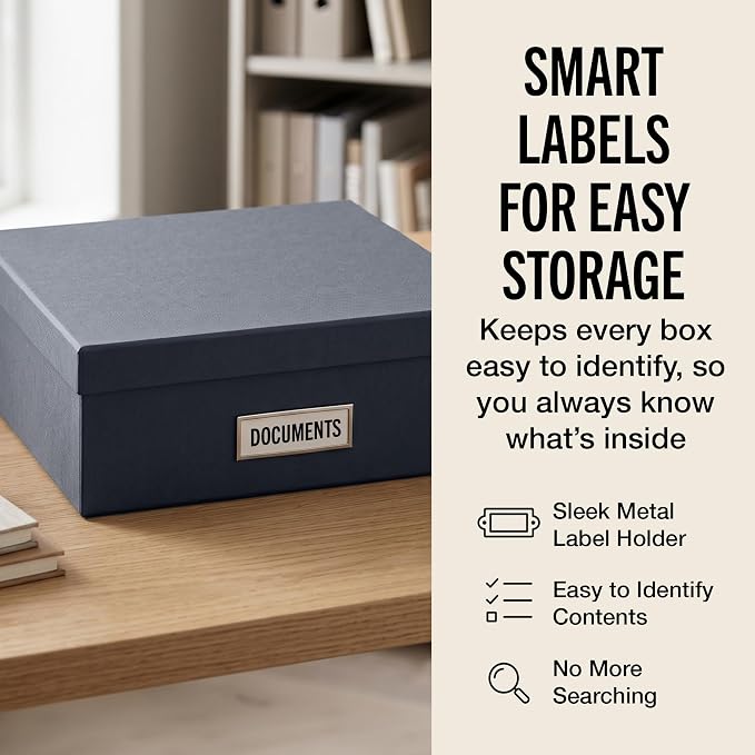 Bigso Oskar Fiberboard Label Frame Document Letter Box - File Organizer Box for Important Paperwork - Document Storage with a Lid & Metal Label Window - 3.3 in x 10.2 in x 13.8 in - Dark Grey - Image 6