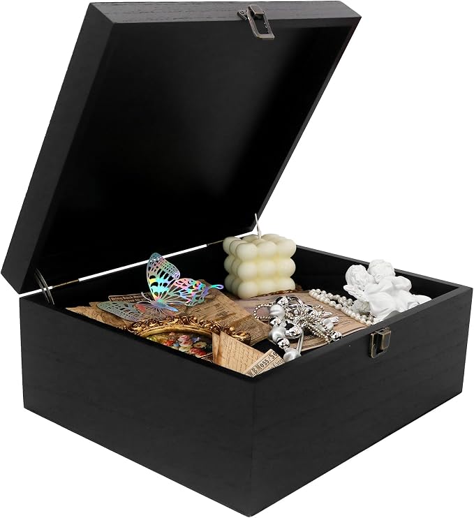 Large Wooden Keepsake Storage Box with Lid for Wedding Treasure Decorative | 10.4x12.4x5.3 Inches can Hold 8.5x11 Certificates Photos Baby Keepsakes, Black Stash Case with Black Velvet Base by FramePro