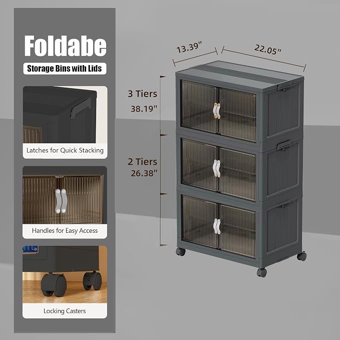 Collapsible Storage Bins with Lids Dark Grey Stackable Plastic Organizers for Clothes, Decor, Craft Supplies & Home Storage - Image 2