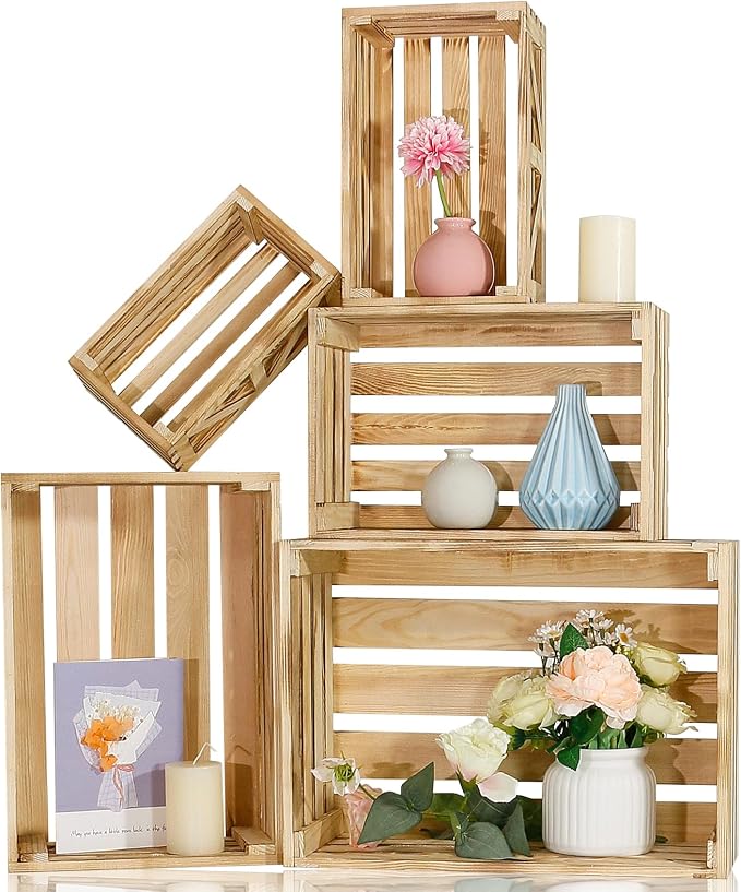 5 Pcs Wooden Crates for Display, Nesting Wood Crate for Storage, 5 Size | Farmhouse Weddings Wooden Basket for Storage Container and Decorations, Rustic Wood Crates for Farmers Market, Birthday, DIY by BOYMCOWBOYHOMEDECOR
