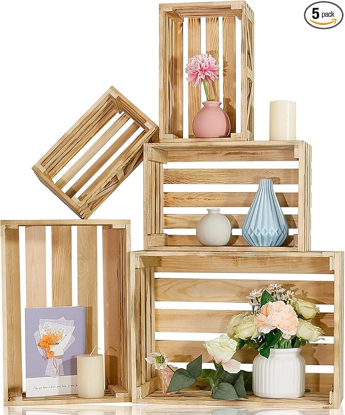 5 Pcs Wooden Crates for Display, Nesting Wood Crate for Storage, 5 Size | Farmhouse Weddings Wooden Basket for Storage Container and Decorations, Rustic Wood Crates for Farmers Market, Birthday, DIY by BOYMCOWBOYHOMEDECOR