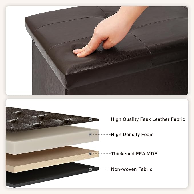 PINPLUS Folding Storage Ottoman Bench, Brown Faux Leather Long Storage Chest Footstool Seat, Bench for Bedroom and Hallway, 43.3"x15.7"x15.7" - Image 4