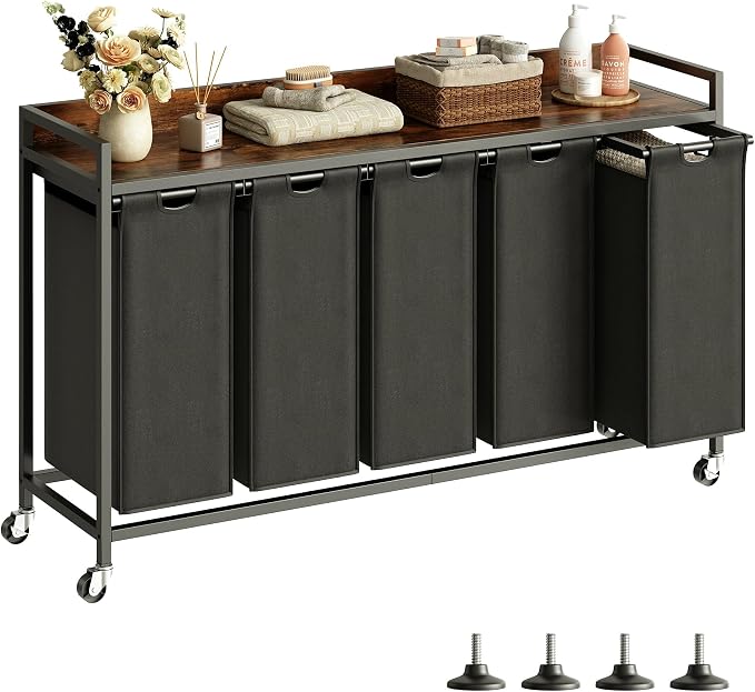 Herture Laundry Hamper with Shelf, Laundry Basket 5 Section, Laundry Sorter with Pull-Out Removable Large Bags and Movable Wheels, Metal Frame, 5 x 15.87 Gallons (60L), Rustic Brown + Black PF08XLY by Herture