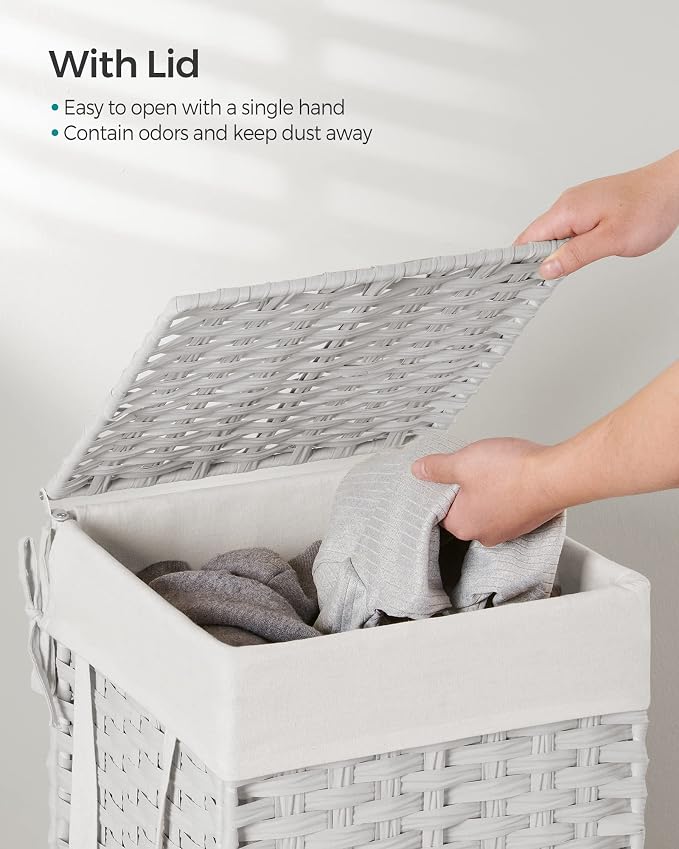 SONGMICS Laundry Hamper with Lid, 17.2 Gallon (65 L) Synthetic Rattan Clothes Laundry Basket with Lid and Handles, Foldable, Removable Liner, Cloud White ULCB165W01 | Clothes Laundry Basket with Handles, Removable Liner, Cloud White, ELIOTT Collection ... - Image 3
