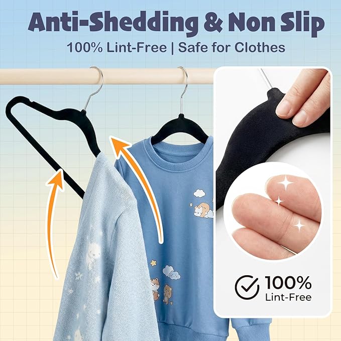 HOUSE DAY Black Kids Velvet Hangers 100 Pack, Durable Big Kid Hangers | 14 Inch Hanger for Youth, Teen, Non Slip Kids Felt Hanger, Cute Childrens Hanger for Closet, Bulk for Small Businesses - Image 4
