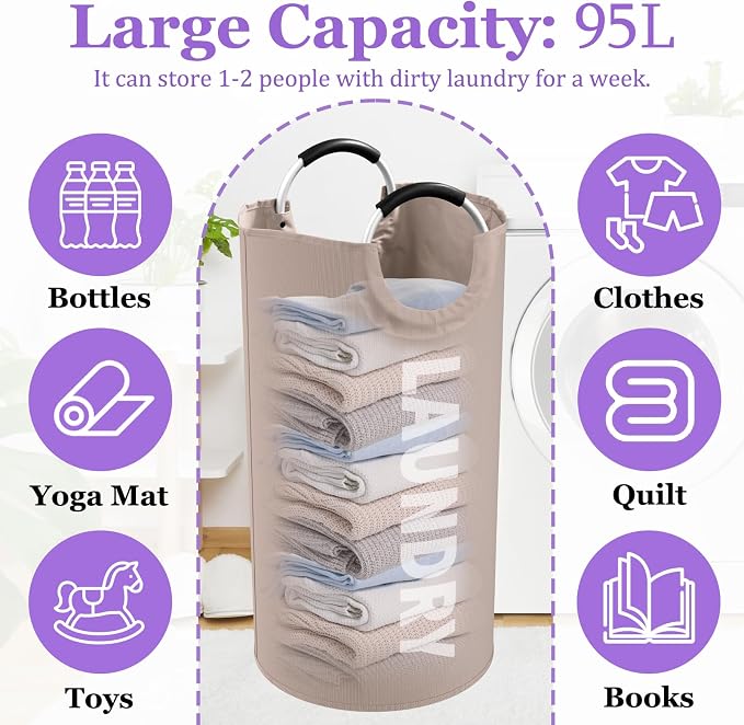 95L Folding Laundry Basket for Singles, Large Laundry Hamper with Aluminum Handles, Freestanding Dirty Clothes Basket, Sturdy Oxford Fabric Clothes Hampers for Travel, Dormitory, Khaki - Image 2