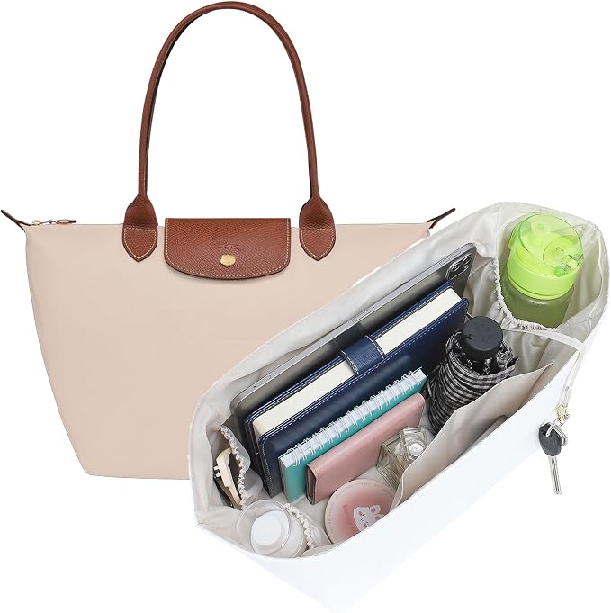 Purse Organizer Insert for Longchamp Le Pliage Large, White Beige | 6-Compartment Bag Organizer with YKK Zipper Pocket, Cup Holder, Key Chain, Waterproof DupontPaper Lightweight Handbag Shaper by Doxo