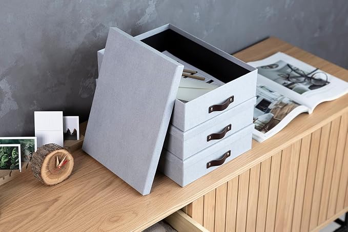 Bigso Box of Sweden Oskar Canvas Fiberboard Document Letter Box - File Organizer Box for Important Paperwork - Document Storage with a Lid & Handle - 3.3 in x 10.2 in x 13.8 in - 3 Pack - Grey - Image 8