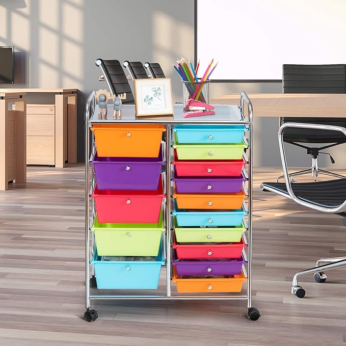 15 Drawer Rolling Storage Cart, Rolling Cart with Drawers for Classroom, Art Supply Craft Organizer on Wheel with Metal Frame & Handles for Home Office School - Image 9