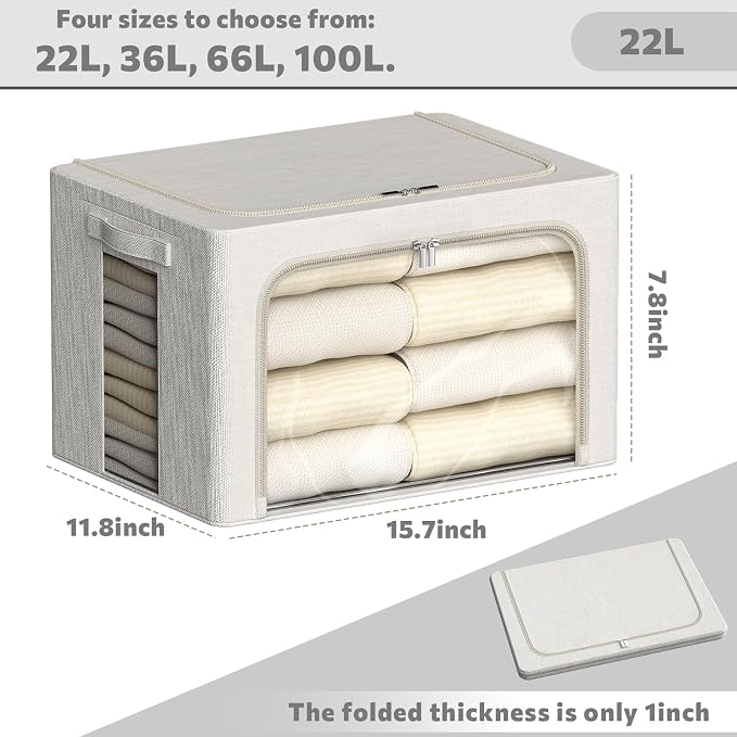 FHSQX 6 Pack Clothes Storage Bins with Metal Frame | Ivory White, 15.7x11.8x7.8inch (22L),‎Portable, Large Clear Window, Stackable, Durable Handles, Foldable, Linen Fabric, - Image 6