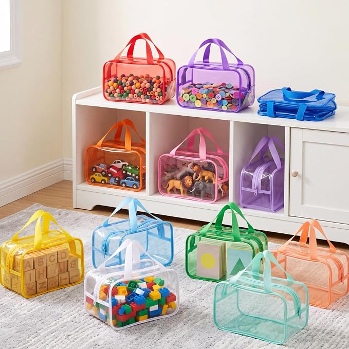 Shinylin 12 Pack Pastel Colorful Large Toy Storage Bags with Zipper 9.8 x 5.9 x 7.1 Inch Reusable Waterproof PVC Clear Board Game Storage Bags with Labels for Puzzles Building Blocks Book Stationery - Image 3