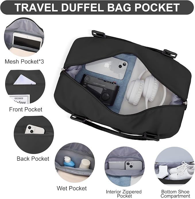 Weekender Bags for Women, Carry-On Overnight Travel Duffel Bag | Travel Bag with Shoes Compartment & Toiletry Bag, Extra Large, 3 Pcs Set - Image 3