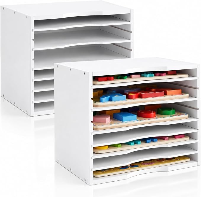 Ripeng 2 Pack 7-Tier Bamboo Puzzle Holder Rack, Adjustable Storage Organizer for Flat and Thick Jigsaw Puzzles, Space Saving Desktop Shelf, Gift for Craft Jigsaw Puzzle Lovers (White) by Ripeng