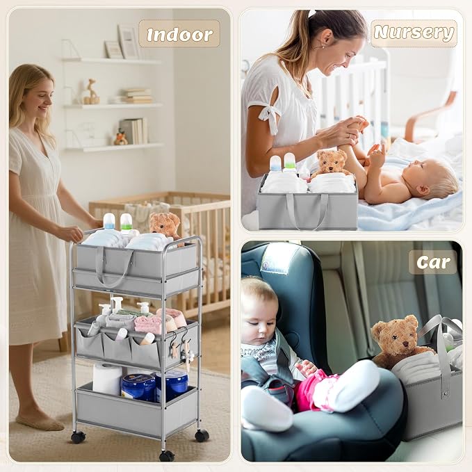 Honeydak 2in1 Baby Diaper Caddy Organizer Cart 3 Tier Large Capacity Metal Utility Bedside Rolling Cart with Divider Newborn Registry Nursery Essential Must Have Crib Bedroom Baby Shower(Gray) - Image 4