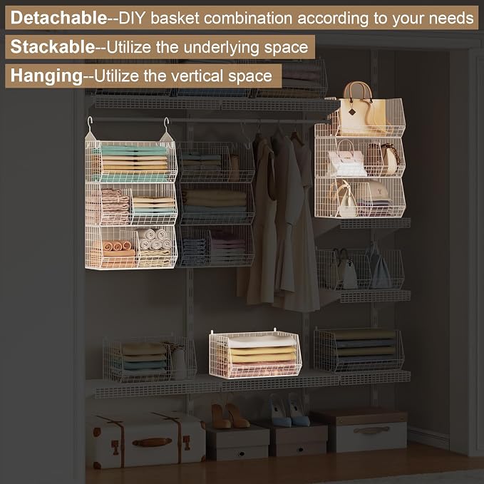 3 Tier Extra Large Closet Hanging Shelves with Divider, 16.5"L x 11.8"W x 33.6"H Closets Organizers and Storage with 5 S Hooks, Clothes Organizer for Sweaters Shoes Handbags Clutches Accessories-White - Image 8