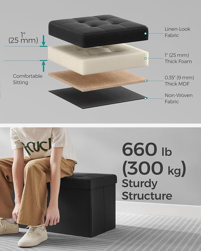 SONGMICS Mazie Collection - 30 Inches Storage Ottoman, Foldable Storage Bench with Flipping Lid, 660 lb Load Capacity, for Entryway, Living Room, Bedroom, Ink Black ULSF046B01 - Image 4