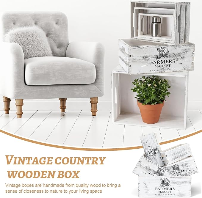 Barydat Set of 5 Wood Crates for Display Decorative Nesting Wooden Crate Storage with Handles Vintage Farmhouse Style Decorative Boxes Multipurpose Fruits Vegetables Boxes (Rustic White,Elegant) - Image 6