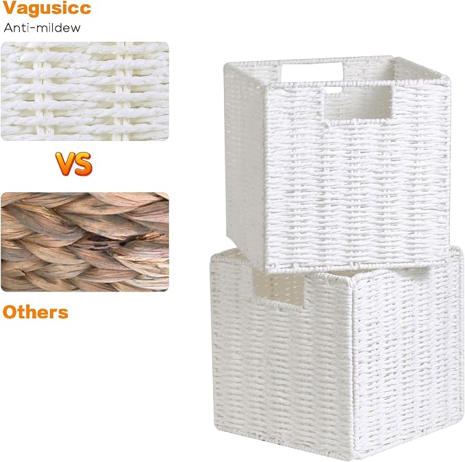 Wicker Storage Basket, Set of 2 Hand-Woven Storage Baskets for Organizing, Foldable Cube Storage Bins, 11 Inch Wicker Storage Baskets for Shelves and Decor, Square Closet Organizer, White - Image 4