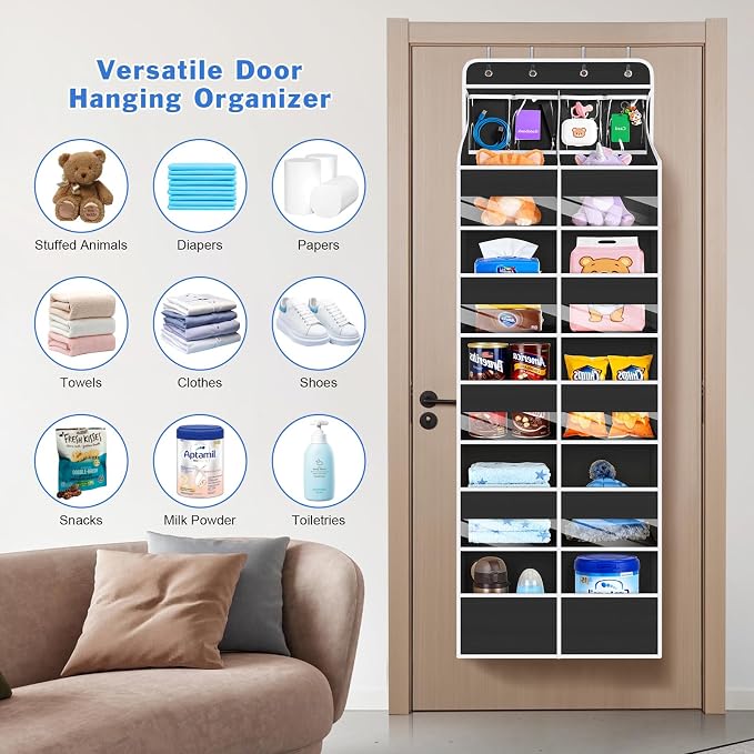 Univivi Upgraded Over the Door Organizer for Baby Nursery, Black, 6-Shelf | Fabric Door Organizer with Clear Window Deep Pockets, Over Door Hanging Organizer for Baby Essential, Bedroom, and Dorm - Image 9