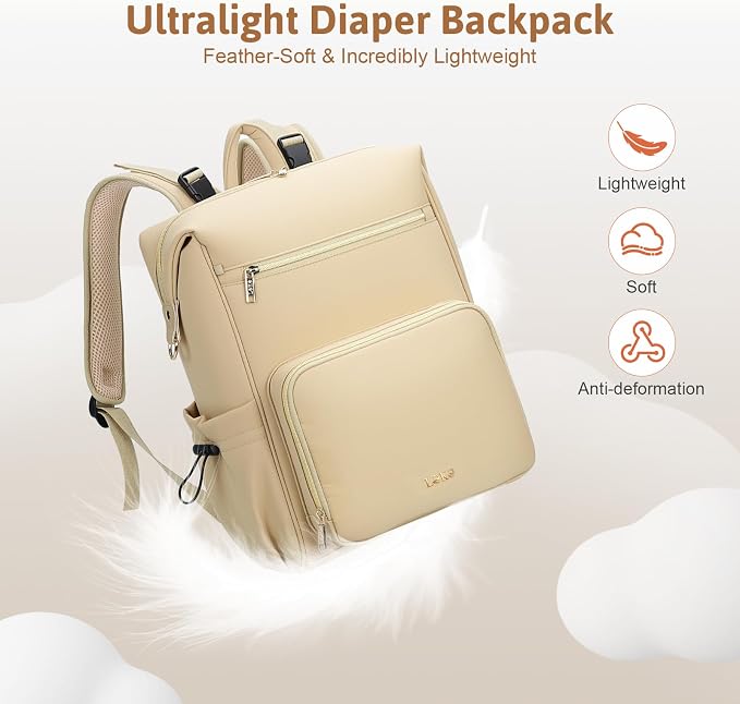 Lekesky Large Diaper Backpack with 16 Pockets, 1.52Lb Lightweight Durable Baby Bag, with Foldable Changing Pad & Pacifier Case, Anti-theft Pocket, Wipes Pocket, Easy to Clean, Khaki - Image 4