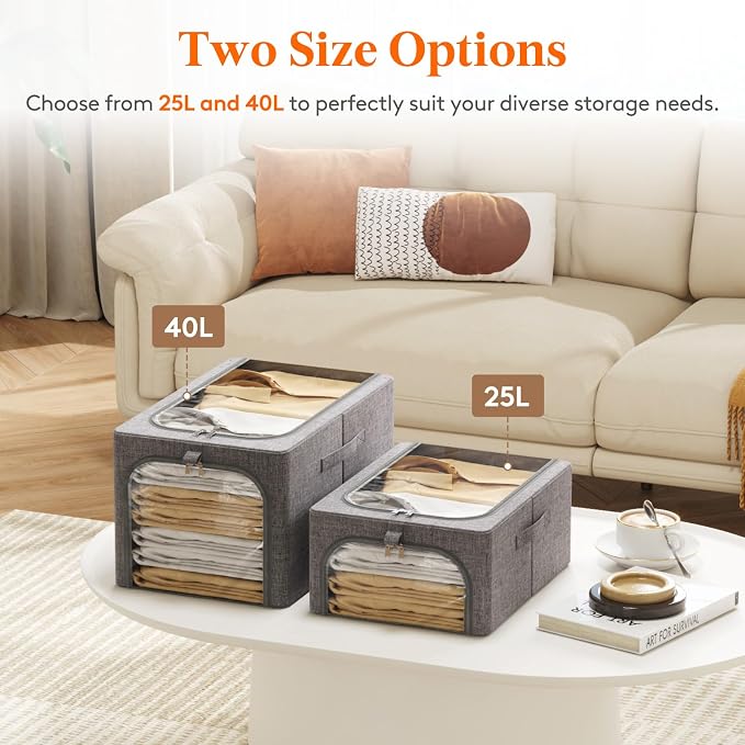 Lifewit Clothes Storage Bins with Metal Frame 3 Pack, Fabric Stackable Storage Bags with Lids, Zipper, Foldable Clost Organizers Containers for Clothing, Blanket, Winter Cloth, 25L - Image 9