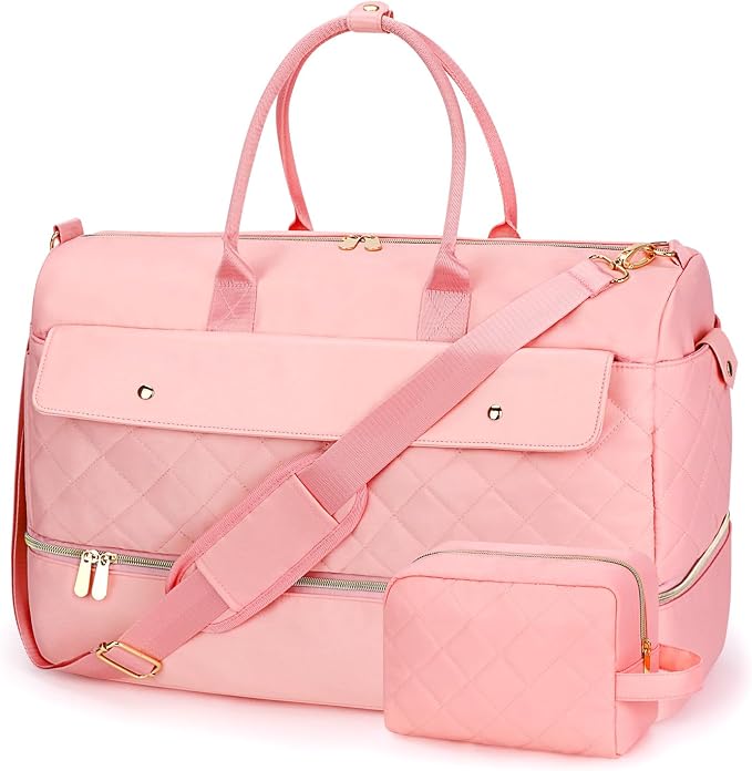 Travel Duffel Bag, Large Weekender Bag for Women with Shoe Compartment, Carry on Overnight Bag with Toiletry Makeup Bag, Gym Duffel Bag Travel Tote Bag for Travel Gym Camping Hospital, Pink by Wedama
