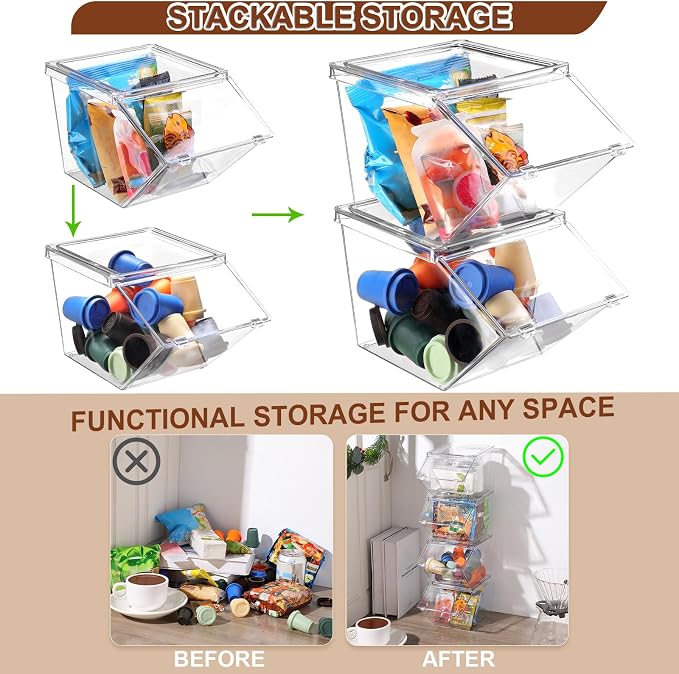 Yerliker 12 Pcs Clear Plastic Storage Bins with Lids Large Stackable Pantry Storage Organizer Bins Kitchen Organization Cabinet Organizers Ideal Containers for Fridge, Kitchen, Cabinets (Clear) - Image 4
