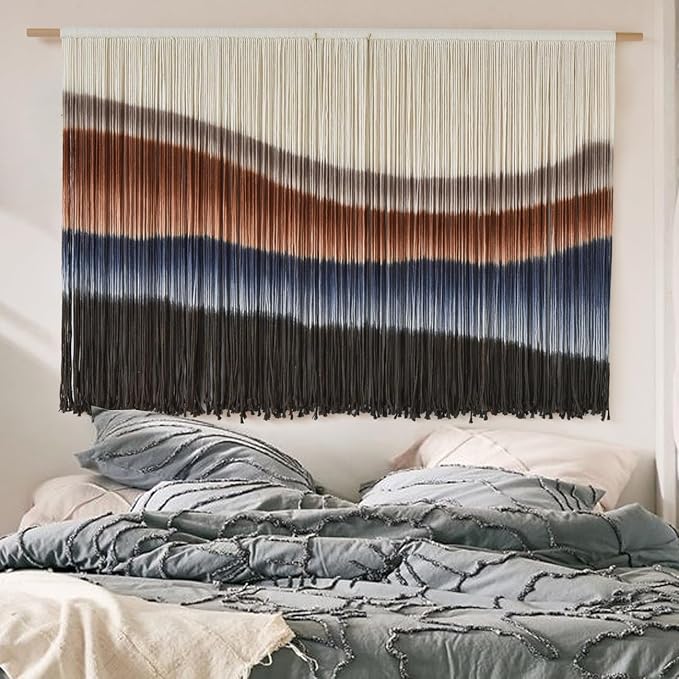 Macrame Wall Hanging Tie-Dye Bule Boho Wall Decor Yarn Fiber Art 57"W*35"L | Large Wall Hanging, Handmade Fiber Art, Dip Dyed Cotton, Boho Wall Decor, for Bedroom Decor Living Room Wall Accent - Image 4