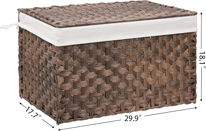 Wicker Storage Basket with Lid, 42.3 Gallon (160L) Large Blanket Basket with Lid, Woven Storage Bin with Handles, Removable Liner, Metal Frame, Foldable, for Bedroom, Laundry Room, Brown - Image 3