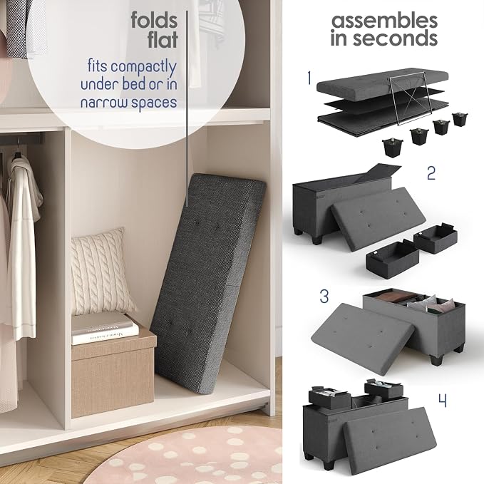 Storage Ottoman Bench with Bins, 30-in Storage Bench for Bedroom End of Bed, Folding Foot Rest Ottoman for Living Room Max 660lbs, Fabric Ottomans, Grey - Image 6