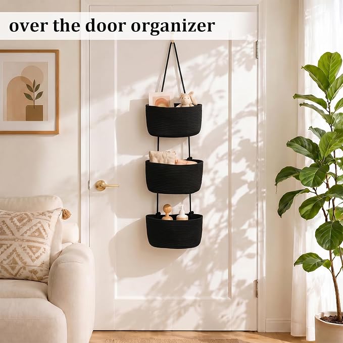 TeoKJ Over the Door Hanging Basket, 3-Tier Woven Cotton Wall-Mounted Storage Organizer Bag Decorative Hanging Nursery Baskets, Black - Image 2