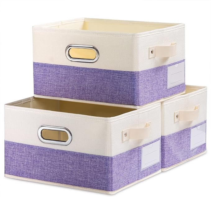 Fodable Storage Bins for Closet [3-pack] Decorative Fabric Storage Baskets Cubes with Leather/Metal Handles for Shelves Bedroom Living Room Purple&Cream (11.5x8.5x6.7 Inch) by Prandom