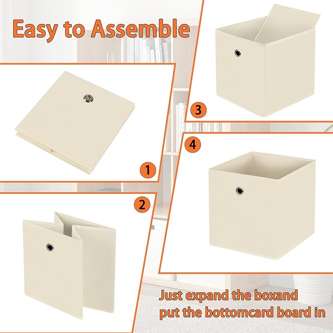 Foldable Storage Cubes Bins ,11 Inch Cloth Storage Cube Fabric Storage Box Cubes Organizer Baskets with Dual Handles for Home Organizer Set of 12 (Creamy-White) - Image 6