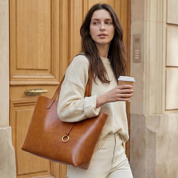 Kattee Vintage Genuine Leather Work Tote for Women | Spacious interior with a zip compartment for organized work, travel, and everyday essentials. - Image 3