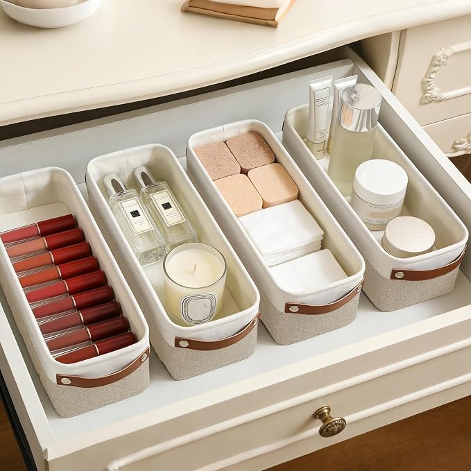 Small Fabric Storage Baskets, 15x6x5 inch Narrow Storage Bins 4-Pack Long Storage Basket for Organizing with Handles, Decorative Basket for Closets, Shelves, Toilet Paper, Beige - Image 5