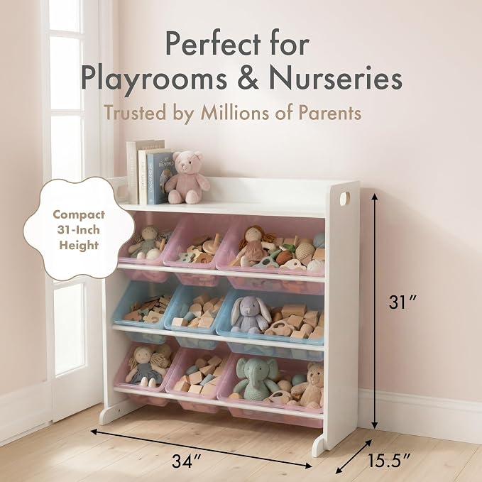 Humble Crew Kids Toy Organizer with Display Shelf, 9 Bins, 3 Tier Storage | Sturdy wood and steel toddler shelf, removable BPA-free containers, wall anchor anti-tip safety kit for bedroom or classroom - Image 2