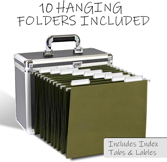 Hanging File Box for Letter, All-in-one set with 10 Folders | Portable Locking Filing Storage Box with Handle & Shoulder strap, Lockable File Cabinet Documents Safe, Lockbox Doc Organizer - Image 2