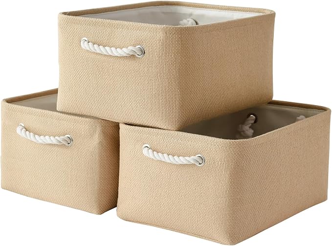 Organization and Storage Bin for Shelves - Large 3 Pack 16x12x8 inch Storage Basket for Organizing, Canves Storage Cubes for Organizer Toy Closet Cloth Gift (Beige) by TheWarmHome