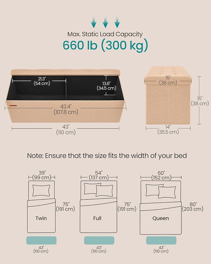 SONGMICS 43.3 Inches Folding Storage Ottoman Bench, Load 660 lb | Ottoman Foot Rest, Storage Chest, for Living Room, Entryway, Apricot and Ink Black, MINOTA Collection ULSF077O01 - Image 2