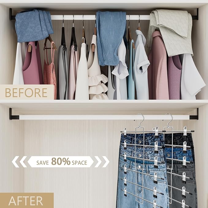 Pants Hangers with Clips,Space Saving Hanging Closet Organizer-6 Tiers Skirt Hangers with 360° Swivel Hook,Closet Organizer-Clothes Hangers - Image 2
