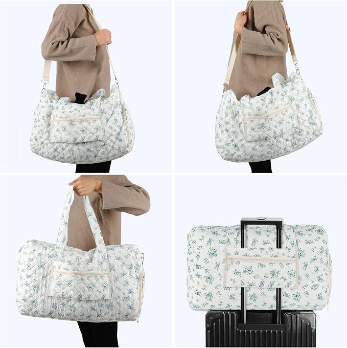 Sage Floral Quilted Weekender Duffel Bag Set with Shoe Compartment | Women's Overnight Hospital Bag for Labor Delivery, Carry-On Travel Duffel with Toiletry Pouch for Gym & Getaway - Image 5