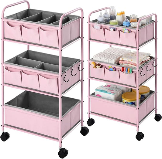 WILLBOND 3 Tier Pink Baby Diaper Caddy Organizer Cart with 4+3 Dividers Large Capacity Metal Utility Bedside Rolling Cart Newborn Registry Nursery Essential Must Have Crib Bedroom Baby Shower by Willbond+Technology+Limited