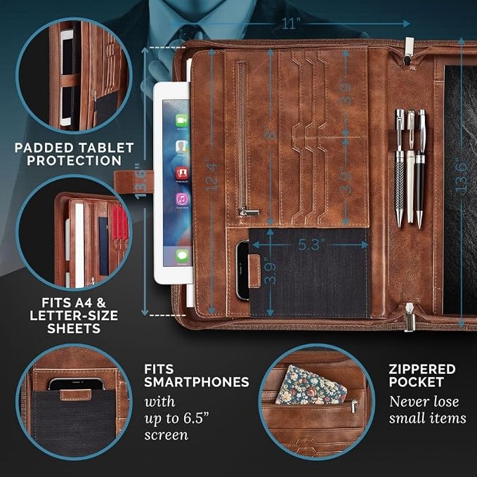 NERO MANETTI- Zippered Vegan Leather Padfolio/Portfolio Pad Holder-Business PU Leather Notepad Folder for Resumes, Interviews, iPad/Tablet, Phone, Legal Pad Notebook Executive Binder for Women, Men - Image 3
