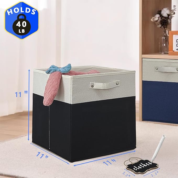 11 cube storage bins,Set of 4 Collapsible Fabric Storage Cubes with Labels,Linen Cube Storage Organizer Bins Kallax Storage Cubes for Organizing Office,Shelves,Nursery Toys,Clothes(White Black). - Image 2