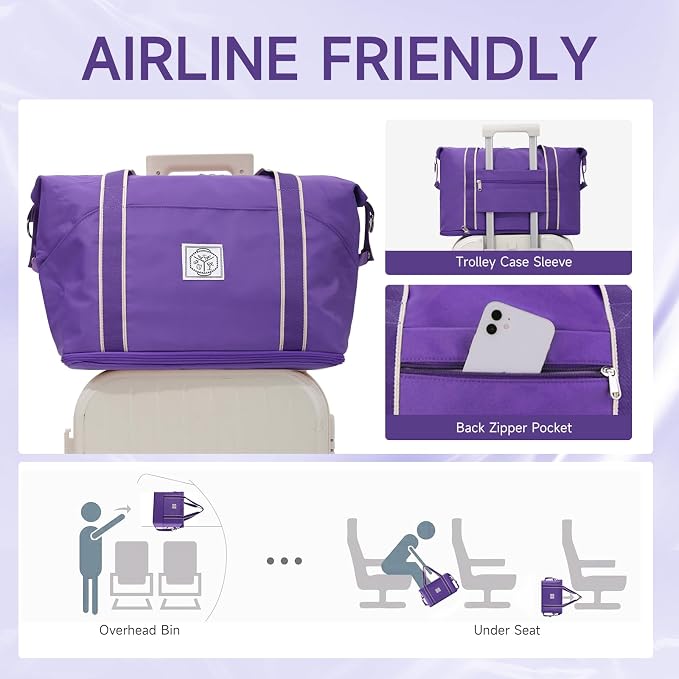 WALNEW Travel Duffel Bag, Weekender Bag for Women, Purple | Overnight Carry On Bag, Foldable Waterproof Gym Luggage with Metal Buckle Detachable Shoulder Strap and Wet Compartment - Image 4