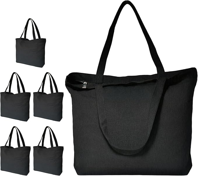 Koolmox Black Canvas Tote Bag with Zipper, 6-Pack 17x14x3.9'' 12Oz Thick Canvas Bag with Handles and Flat Bottom, Women Men Grocery Shopping Bags Cotton Totes Sublimation Totes to Customize by Koolmox