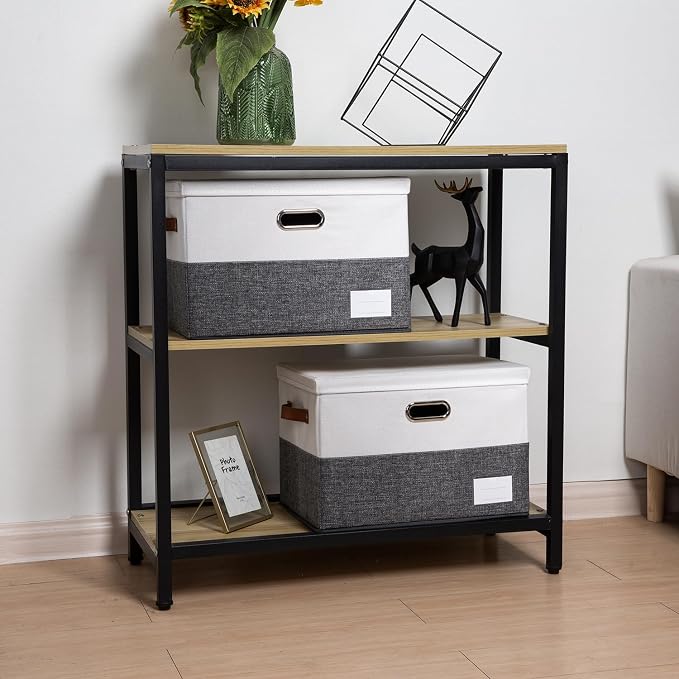Foldable Storage Bins with Lids [3-Pack] Fabric Collapsible Storage Boxes Baskets Cubes Containers with Handles for Closet Living Room Bedroom (Grey & White 17.7x11.8x11.8'') - Image 3