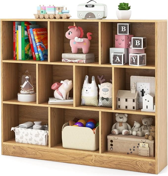 HONEY JOY Kids Toy Storage Organizer, 10-Section Wooden Floor Storage Cabinet, 41” Daycare Toy Chest, 3-Tier Kids Display Bookshelf for Classroom, Playroom & Nursery, Kindergarten (Natural) by HONEYJOY
