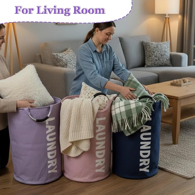 3Pack 95L Collapsible Laundry Basket, Padded Handle Hampers for Laundry | IHOMAGIC Freestanding Dirty Clothes Hamper, Water-resistant Storage Bin, Laundry Bag for Bedroom, Dorm, Purple+Navy Blue+Pink - Image 6
