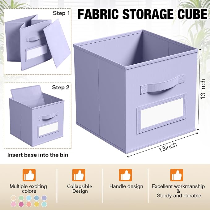 Teenyyou 10 Pack Fabric Storage Cubes 13 Inch Collapsible Cube Bins with Label Window & Handle Foldable Organizers Baskets for Shelf Closet Nursery Kids Room Clothes Book Toy(Macaroon) - Image 3